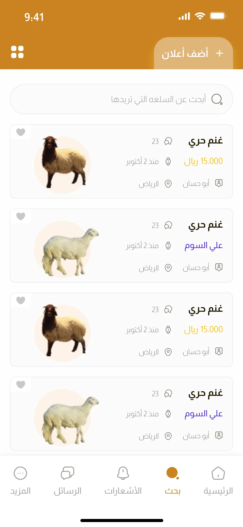 تطبيق مزاد الأنعام — البحث